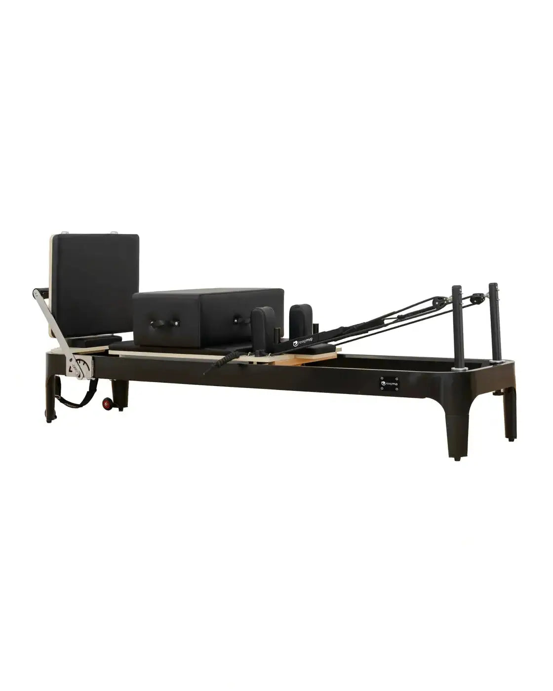 Black aluminium pilates reformer with padded carriage and resistance cables for uk delivery fitness use