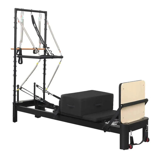 Aluminium reformer with tower system half trapeze in black and beige with adjustable resistance bands wooden handlebar and wheels