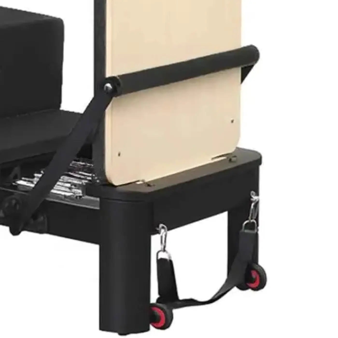 Aluminium reformer with tower system half trapeze in black with beige sliding carriage and red-accented wheels for home workout