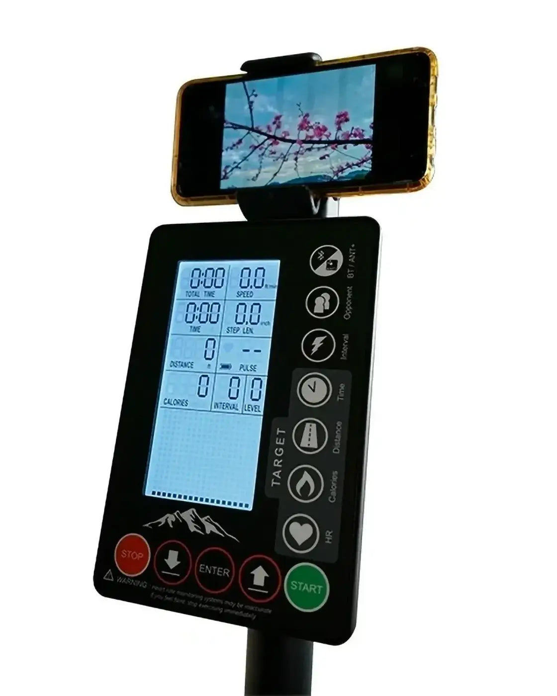 Black digital exercise monitor with smartphone mount displaying pink blossoms for Ascend 2.0 home training