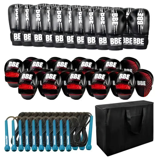 BBE PVC 12oz black sparring gloves and red-black focus mitts with blue jump ropes in black carrying bag uk delivery