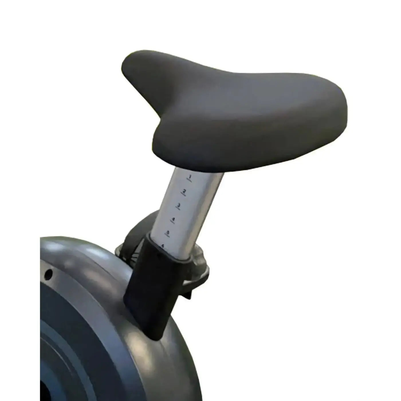 Black padded saddle on the back of a c98s sport upright bike with adjustable height markings visible