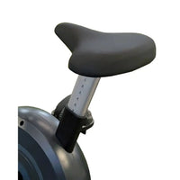 Black padded saddle on the back of a c98s sport upright bike with adjustable height markings visible