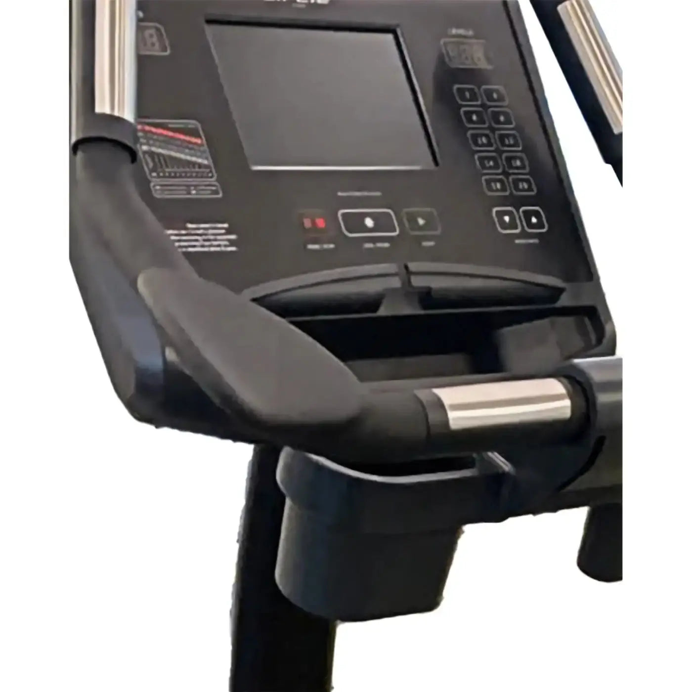 Black c98s sport upright bike console with digital screen keypad and silver-accented handlebars visible