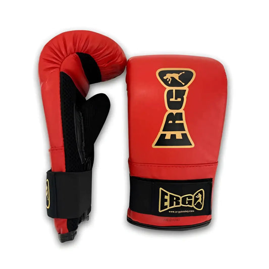 Competitor mitt red and black boxing gloves with gold logo detailing designed for home fitness training