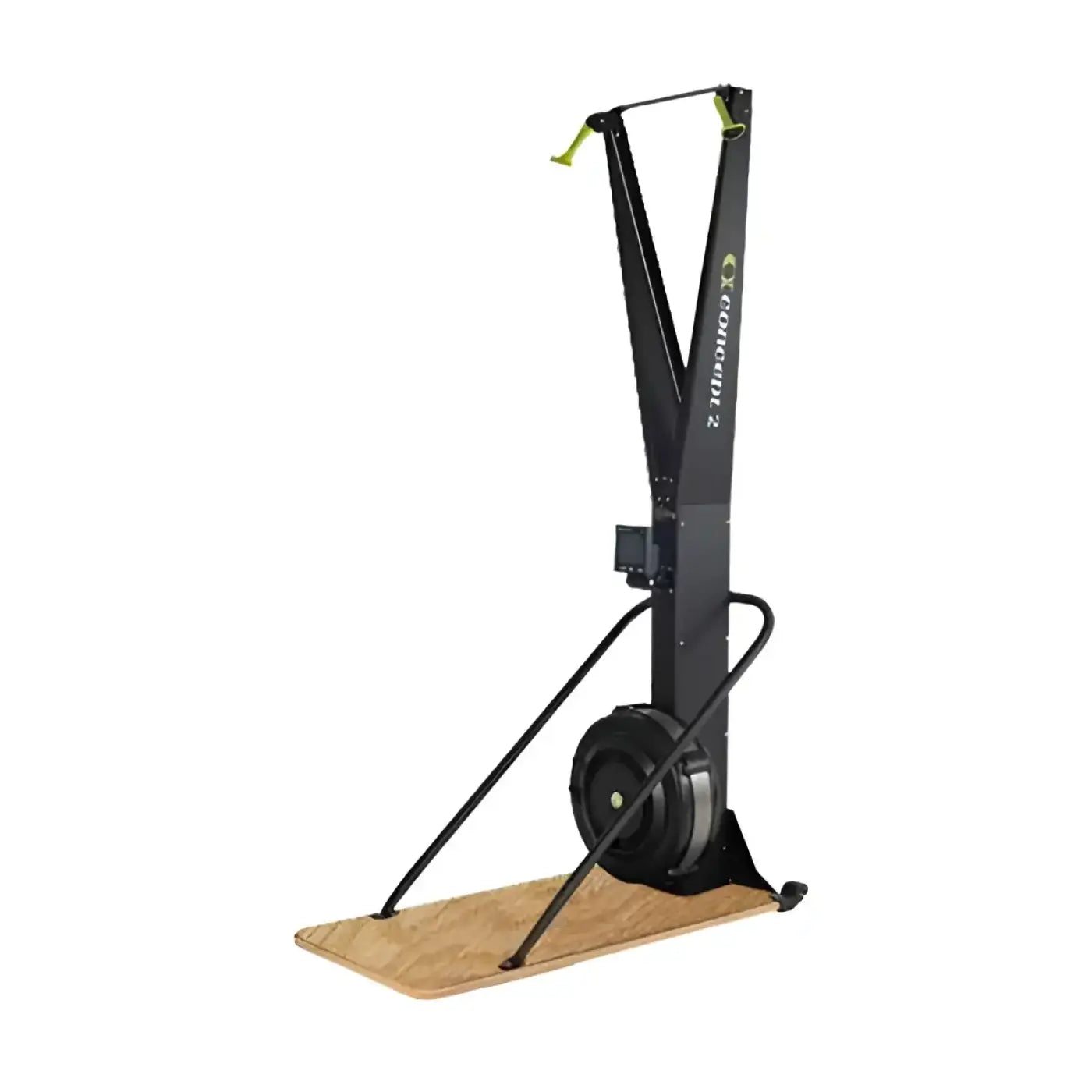 Concept2 SkiErg cross-country ski trainer in black with wooden base and lime green handle accents for home gyms