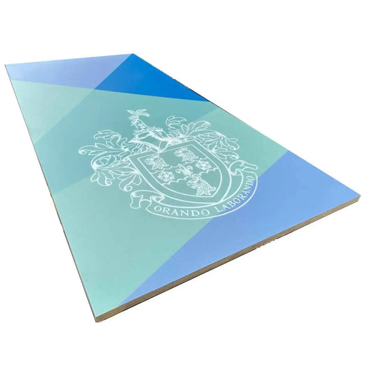 A sleek rectangular custom elite olympic lifting platform insert with gradient blue teal design and engraved white crest