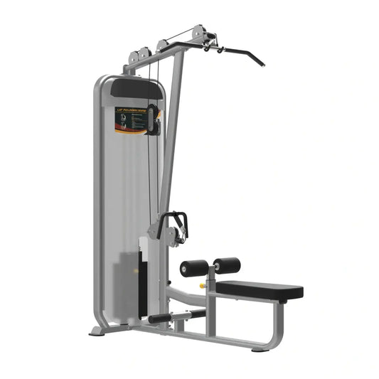 Silver and black dual series lat pullover machine with padded bench, adjustable weight stack, and cable system for strength training