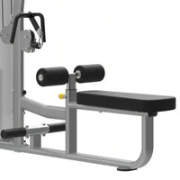 Gray metal dual series weight bench with black padded seat and adjustable roller pads for lower back exercises uk delivery