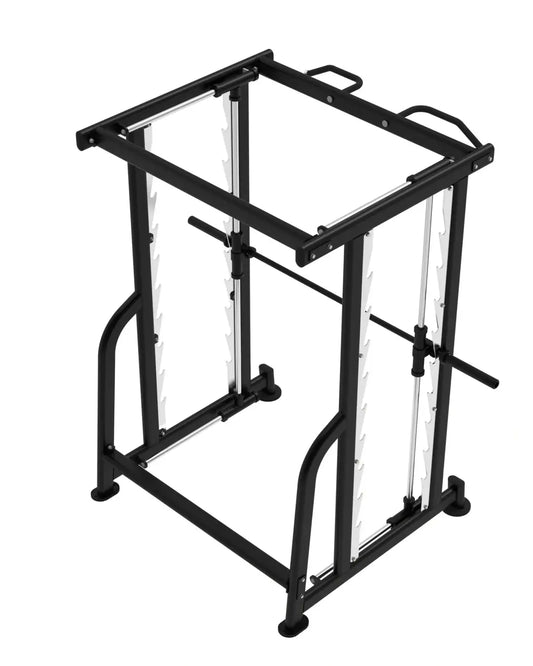 Black metal smith machine frame with adjustable barbell track and safety handles from elite series for home gyms