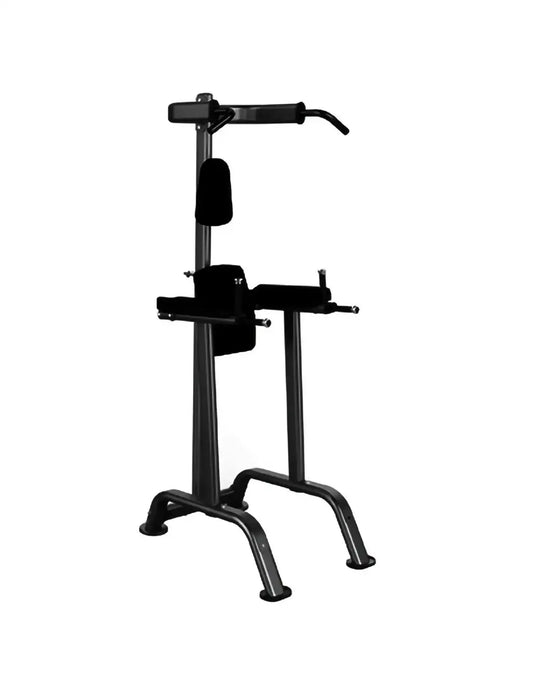 Black metal elite series chin dip knee raise frame with padded grips and adjustable components for home training