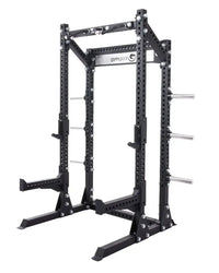 Elite Series half power rack in black with adjustable horizontal bars and bolted construction for home training