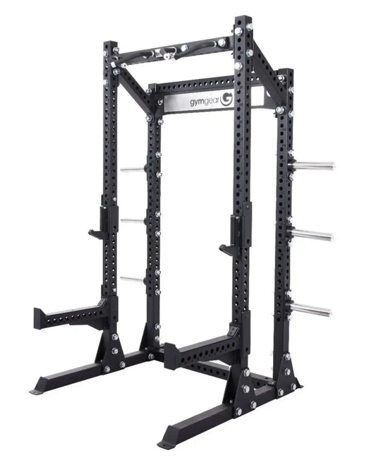 Elite Series half power rack in black with adjustable horizontal bars and bolted construction for home training