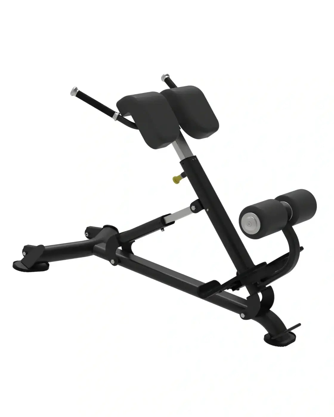 Black adjustable back extension machine elite series with padded headrest and roller handle for hyper extension exercises