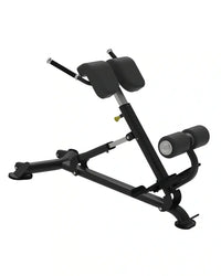 Black adjustable back extension machine elite series with padded headrest and roller handle for hyper extension exercises