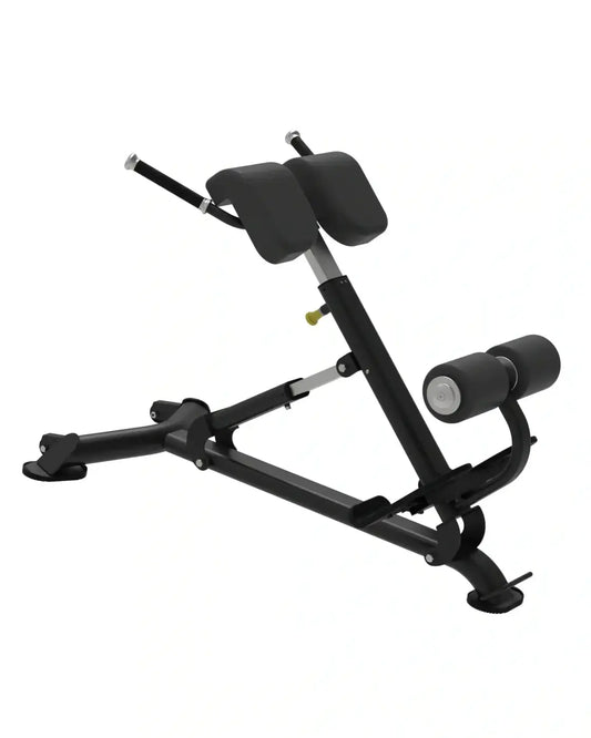 Black adjustable back extension machine elite series with padded headrest and roller handle for hyper extension exercises