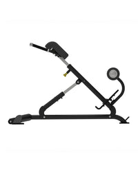 Elite Series black adjustable hyper extension machine with padded headrest and circular handle for home training