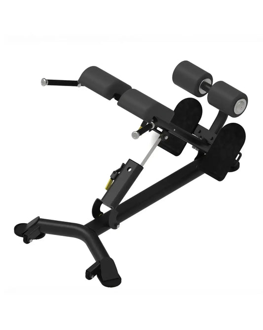 Black adjustable hyper extension machine with padded rollers and metal frame for home training back exercises