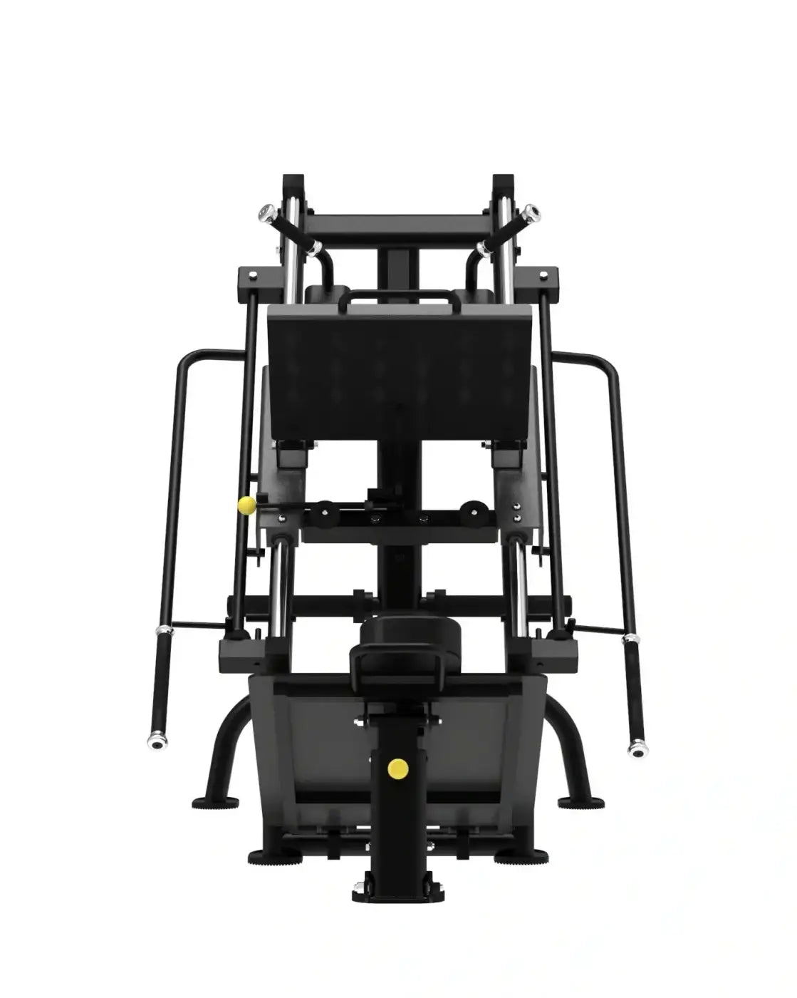 Elite series leg press hack squat combo in black metal with yellow adjustment knobs and padded seat for uk delivery