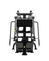 Elite series leg press hack squat combo in black metal with yellow adjustment knobs and padded seat for uk delivery
