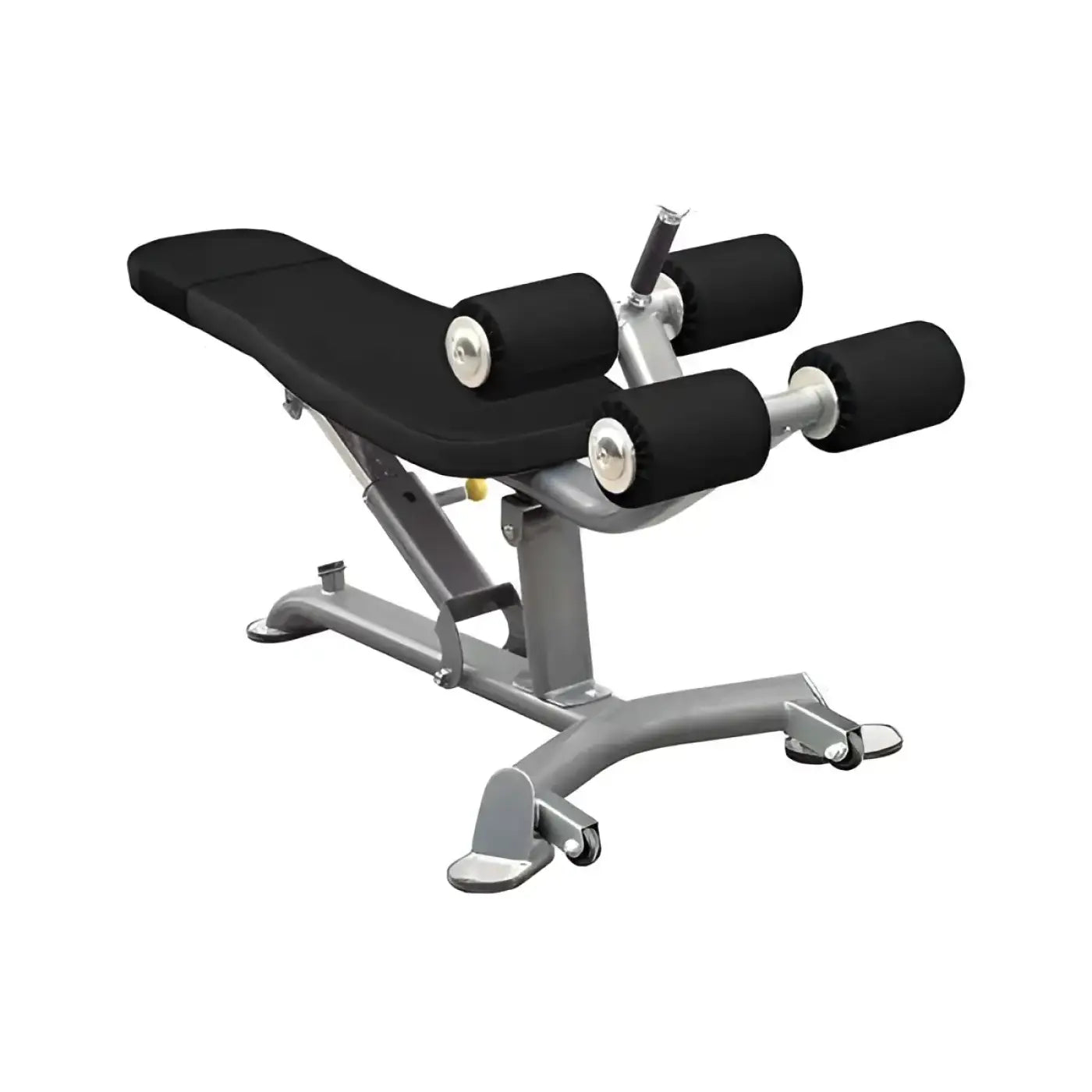 Adjustable silver metal elite series multi abdominal bench with black padded seat and four foam rollers for uk delivery