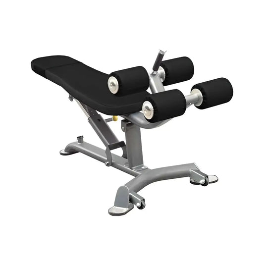 Adjustable silver metal elite series multi abdominal bench with black padded seat and four foam rollers for uk delivery