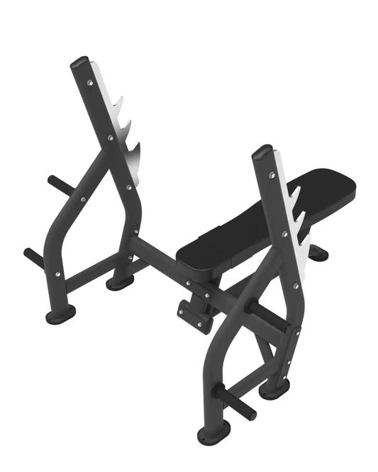 Black elite series olympic flat bench with adjustable backrest and safety bars for home gym workouts