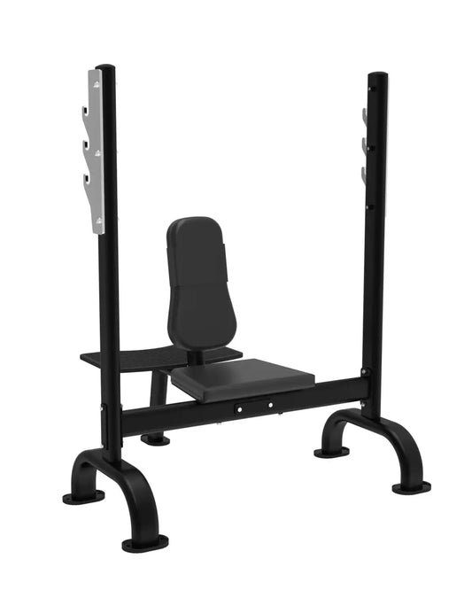 Elite Series black Olympic shoulder bench with padded seat and backrest, steel frame, and adjustable safety bars for home training