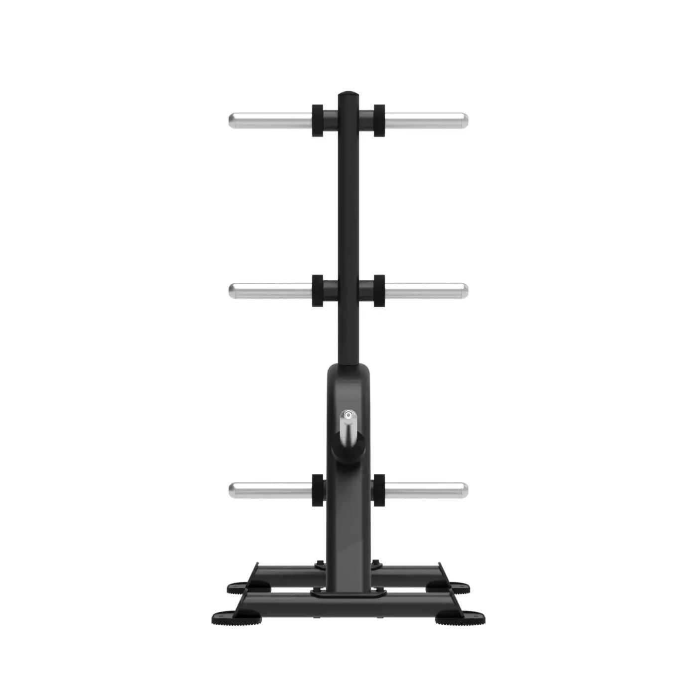 Black metal elite series olympic weight plate tree with three horizontal silver bars for home fitness storage