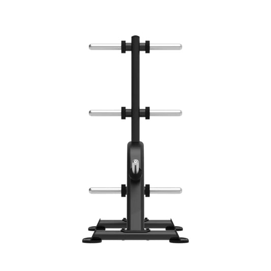 Black metal elite series olympic weight plate tree with three horizontal silver bars for home fitness storage