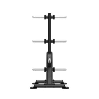 Black metal elite series olympic weight plate tree with three horizontal silver bars for home fitness storage