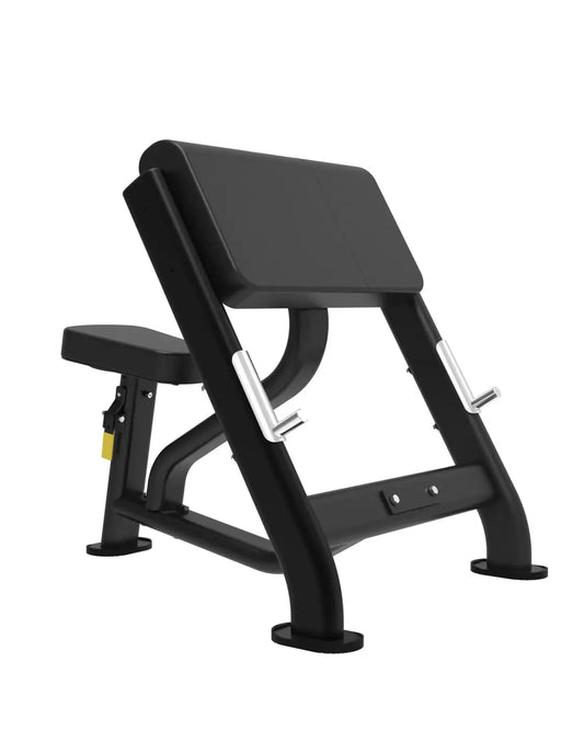 Black adjustable incline preacher curl bench with silver handle grips and padded seating for home gyms elite series