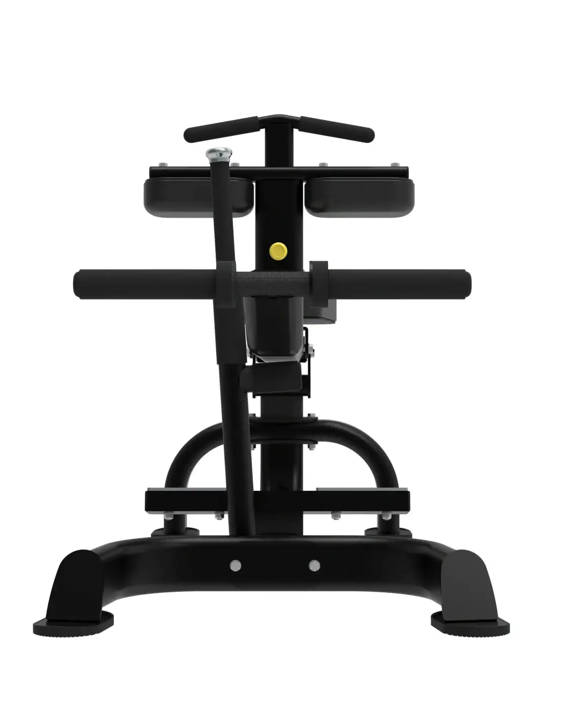 Black metal seated calf raise machine with yellow adjustment knob and padded seat for home gyms back view