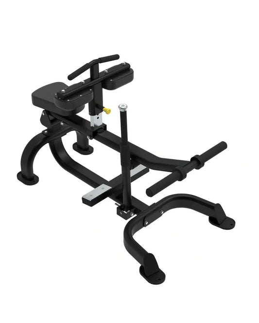 Black metal glute bridge machine with padded seat and adjustable resistance bar for home gym elite series use