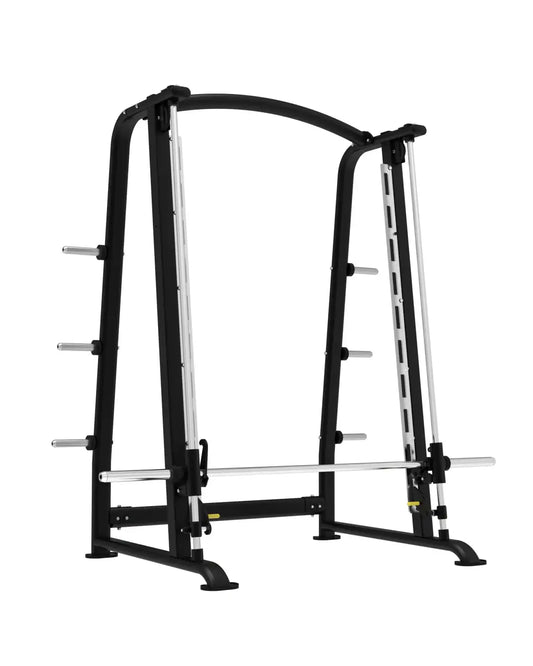 Black and silver elite series smith machine with adjustable height bars and sturdy frame for home training