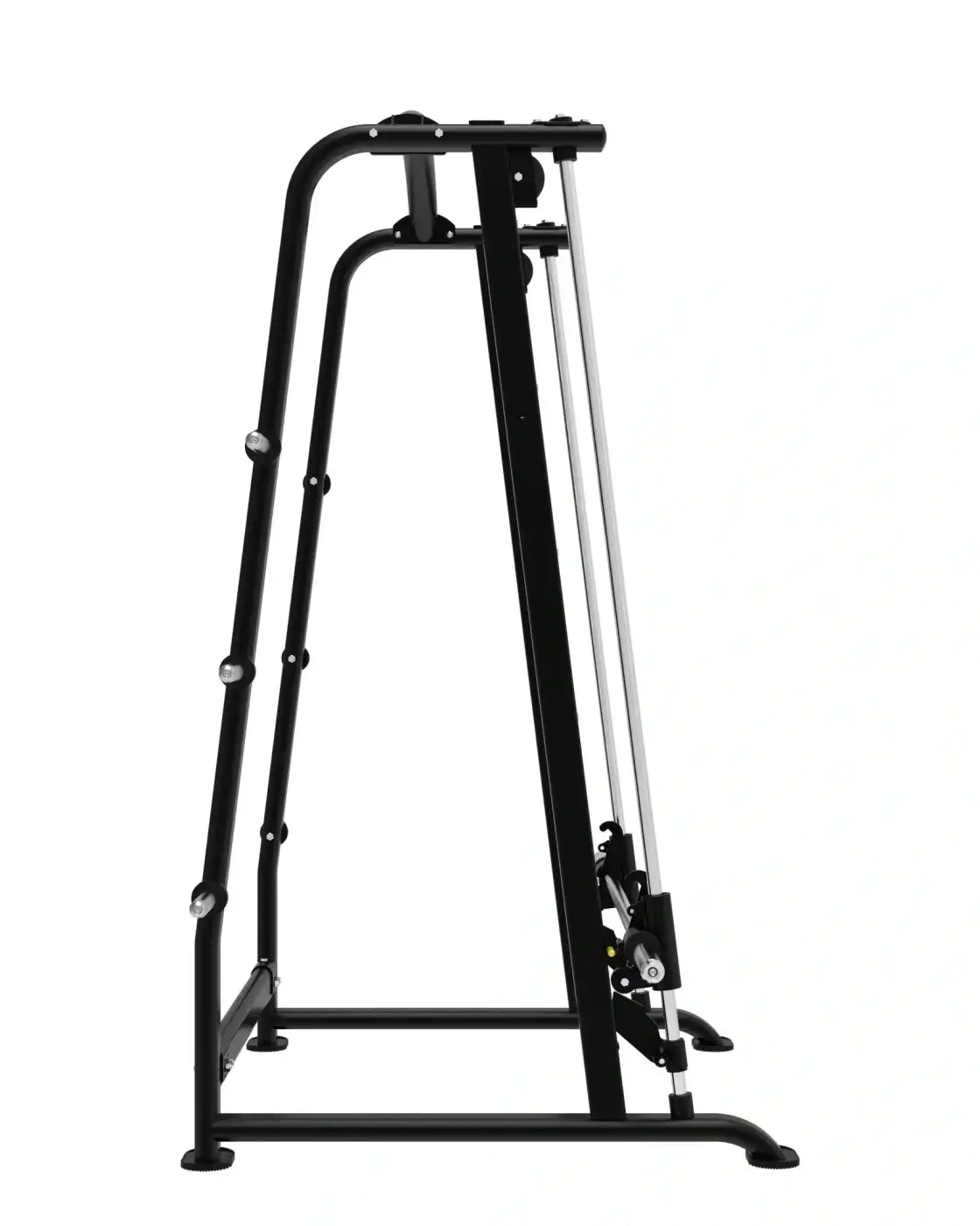 Black metal Elite Series smith machine with silver cables and adjustable weight plates for home training use