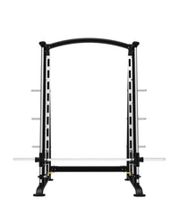 Elite series smith machine in black and silver with adjustable height bars and horizontal barbell rack for home training