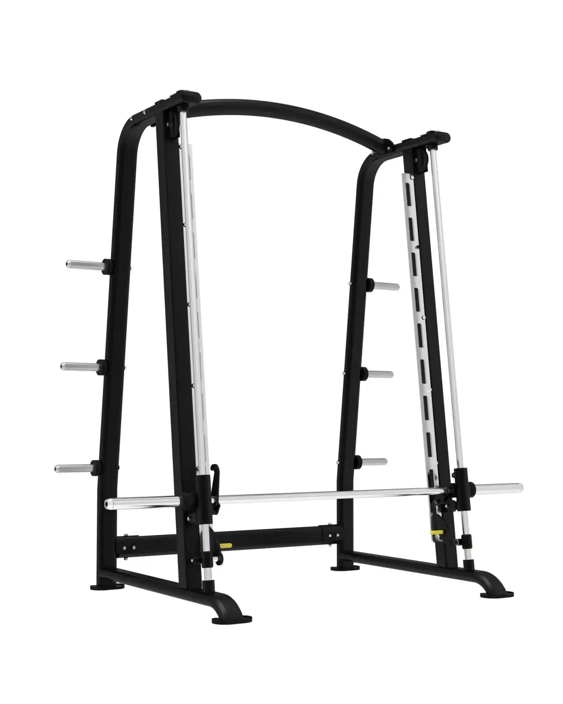 Black and silver elite series smith machine with adjustable height bars and sturdy frame for home training