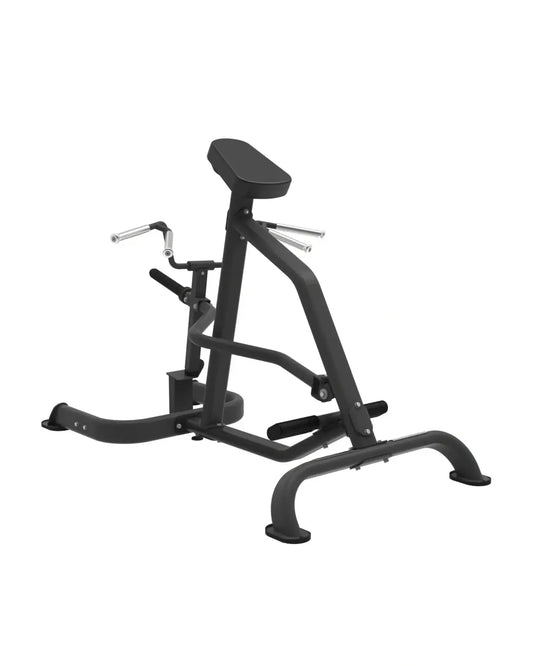Black metal leg press machine with padded seat and handlebars from Elite Series T-Bar Row for home training use