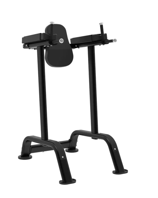 Black metal incline bench with adjustable backrest and padded seat for home training vertical knee raise elite series