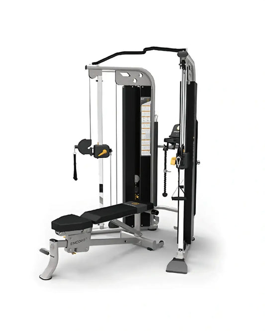 Silver and black encore dual adjustable pulley cable machine with adjustable bench uk delivery view of backside