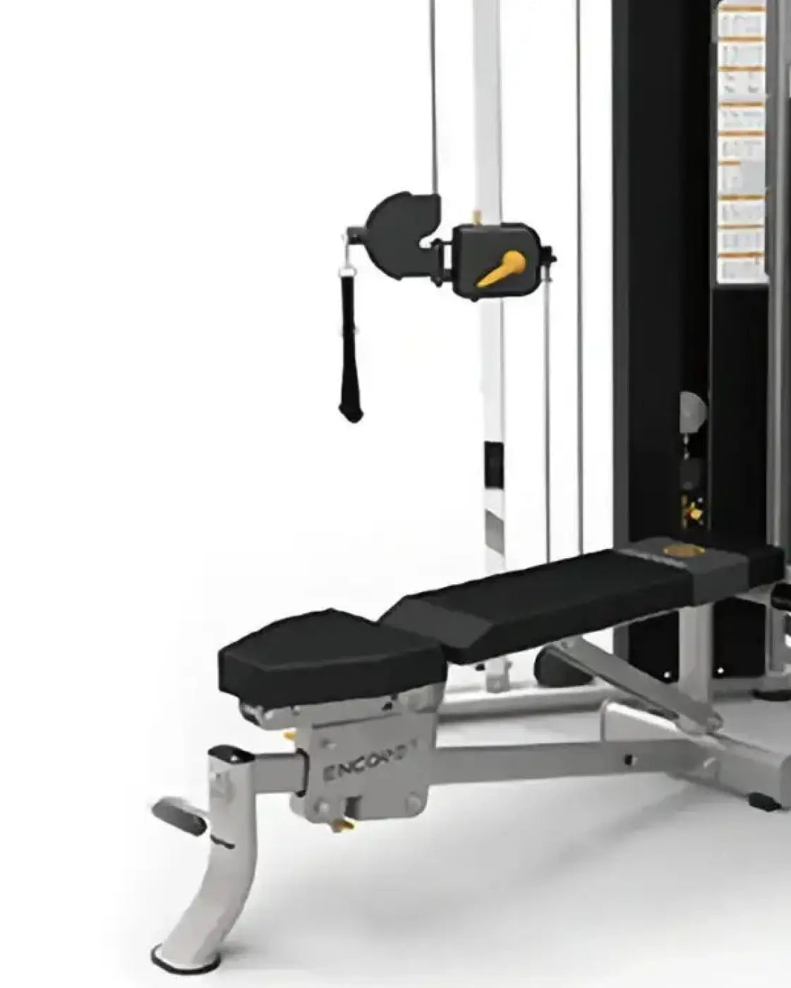 Black padded weight bench with silver metal frame and adjustable settings branded encore for dual pulley workout uk delivery