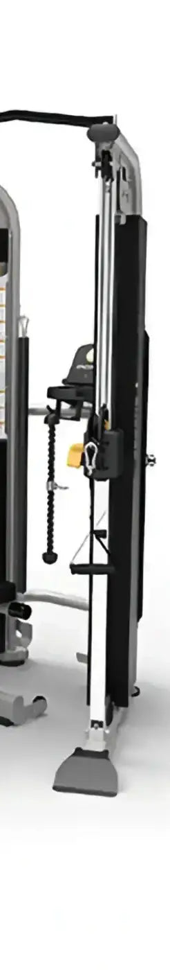 Encore dual adjustable pulley cable machine in black and silver with adjustable weight stacks and multiple attachment points