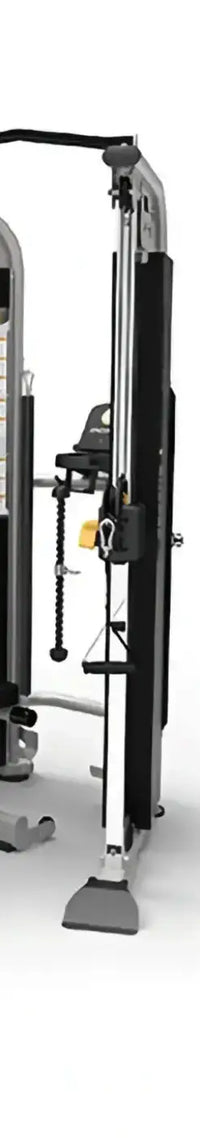 Encore dual adjustable pulley cable machine in black and silver with adjustable weight stacks and multiple attachment points