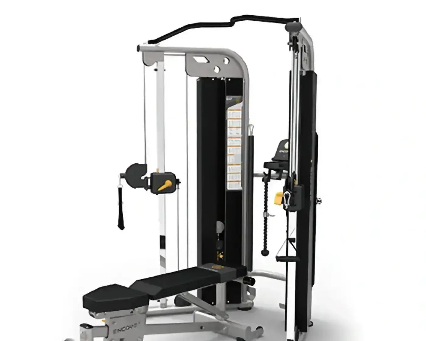 Encore dual adjustable pulley cable machine in silver and black with sturdy frame and adjustable bench for strength training UK delivery