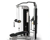 Encore dual adjustable pulley cable machine in silver and black with sturdy frame and adjustable bench for strength training UK delivery