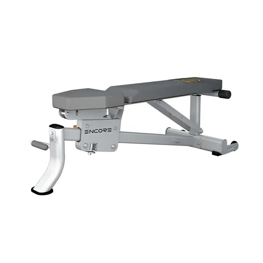 Gray adjustable weight bench with white metal frame black rubber feet branded encore for multi adjustable use UK delivery