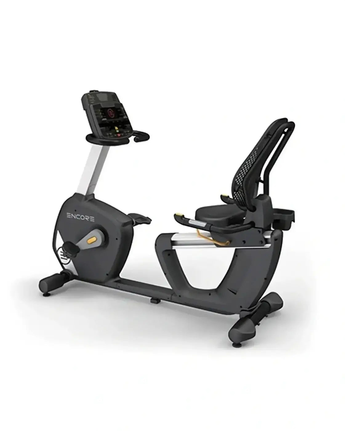 Black and silver encore recumbent bike with digital display console designed for home fitness use