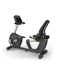 Black and silver encore recumbent bike with digital display console designed for home fitness use