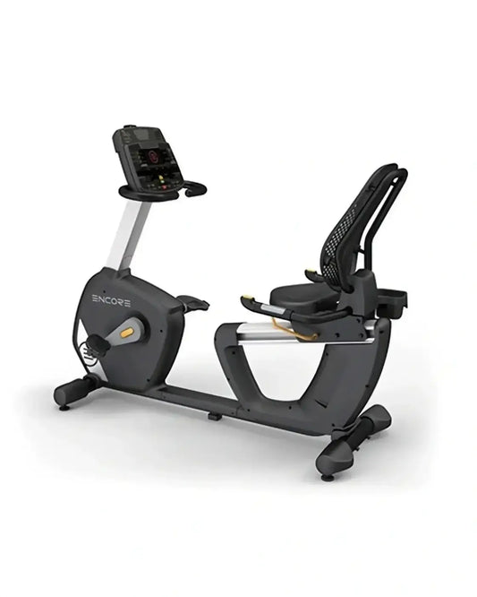 Black and silver encore recumbent bike with digital display console designed for home fitness use